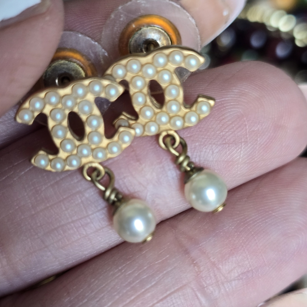 Authentic CHANEL Gold-Tone CC Pearl-Stud Drop Earrings with White Pearls